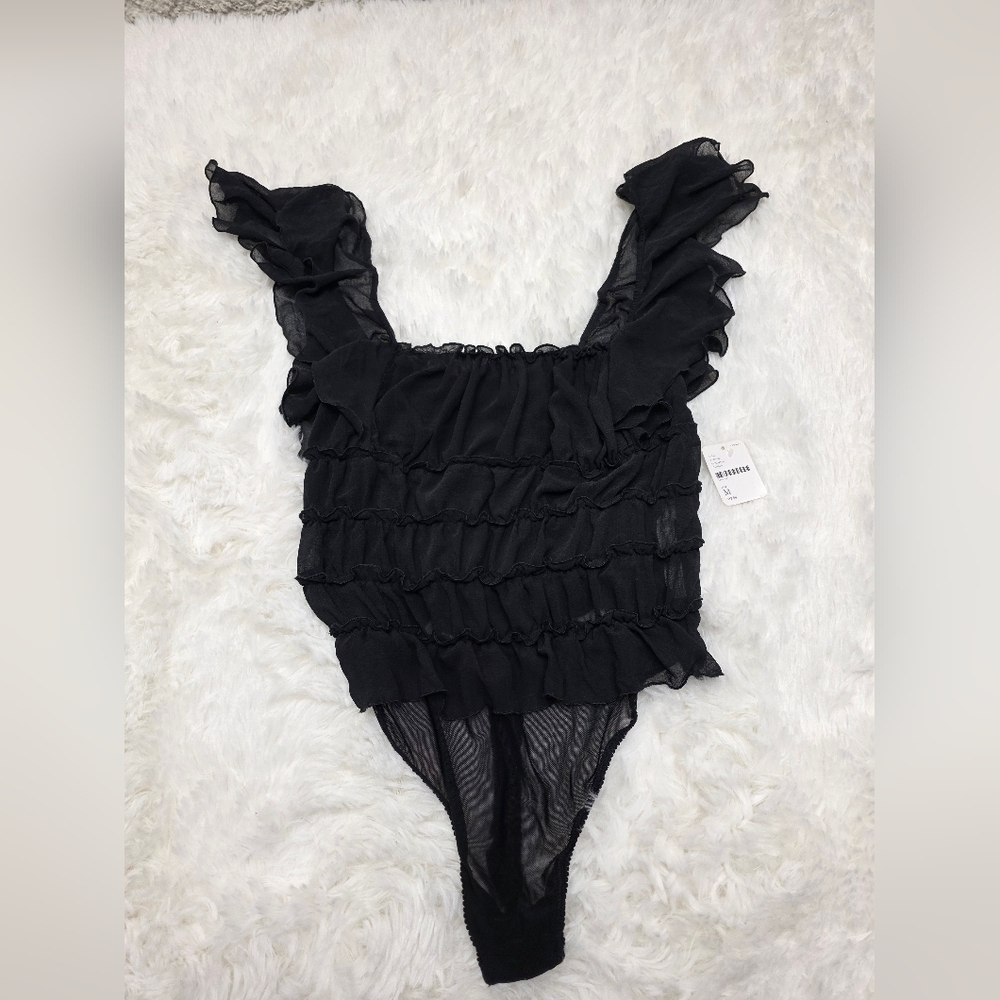 Free People- Black Sheer Thong Bodysuit W/ Ruffled Bodice & Sleeve. NWT! Size M